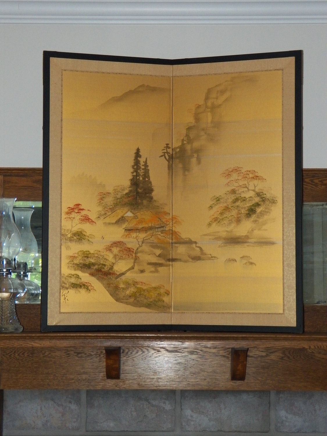 Antique Chinese Silk Screen Hand Painted Bi Folding Screen