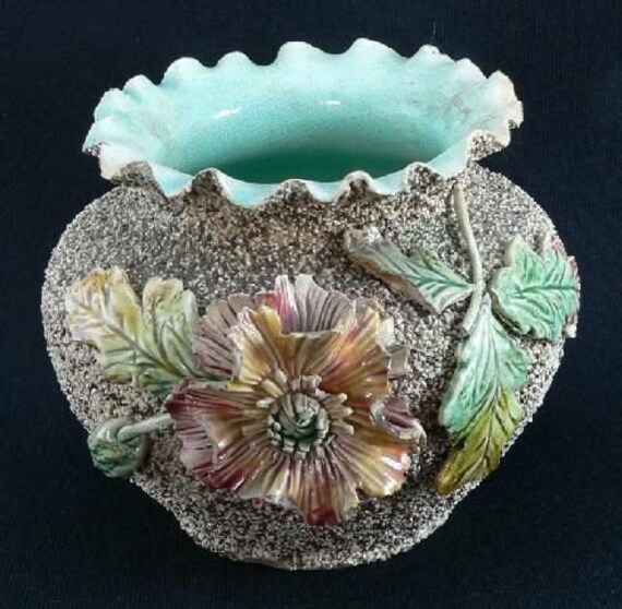 Vintage Majolica Sand Vase With Barbotine Flower