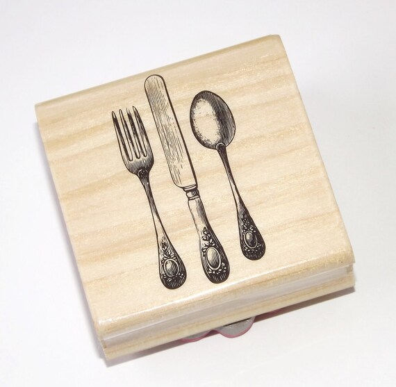 Kitchen Antique Silverware Wood Mounted Rubber Stamp