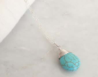 Turquoise drop Sterling silver necklace-simple everyday jewelry