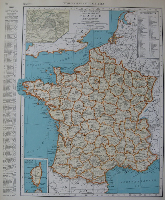 1937 Vintage FRANCE Map Beautiful 1930s Antique Atlas Map