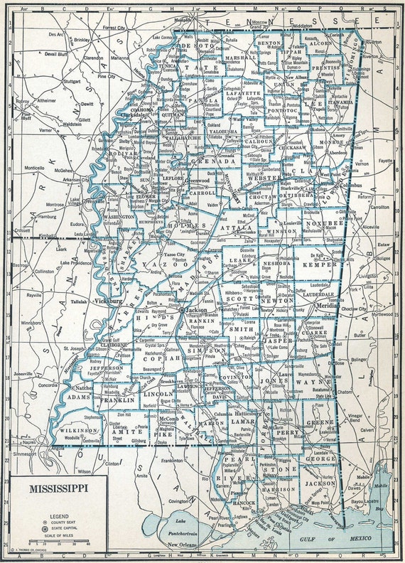 Vintage MISSISSIPPI State MAP 1935 Neat Color 1930s Map