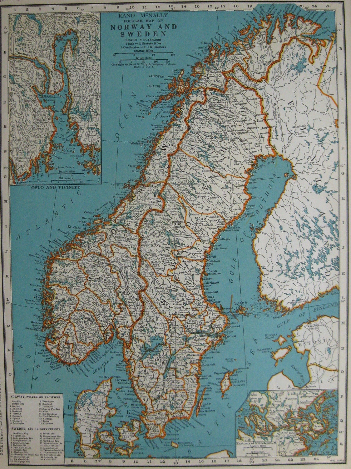 Vintage NORWAY and SWEDEN Map 1939 ORIGINAL 1930s Map