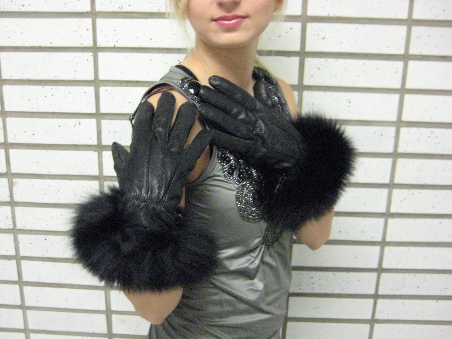 Black Leather Opera Gloves With Matching Black Fox Fur