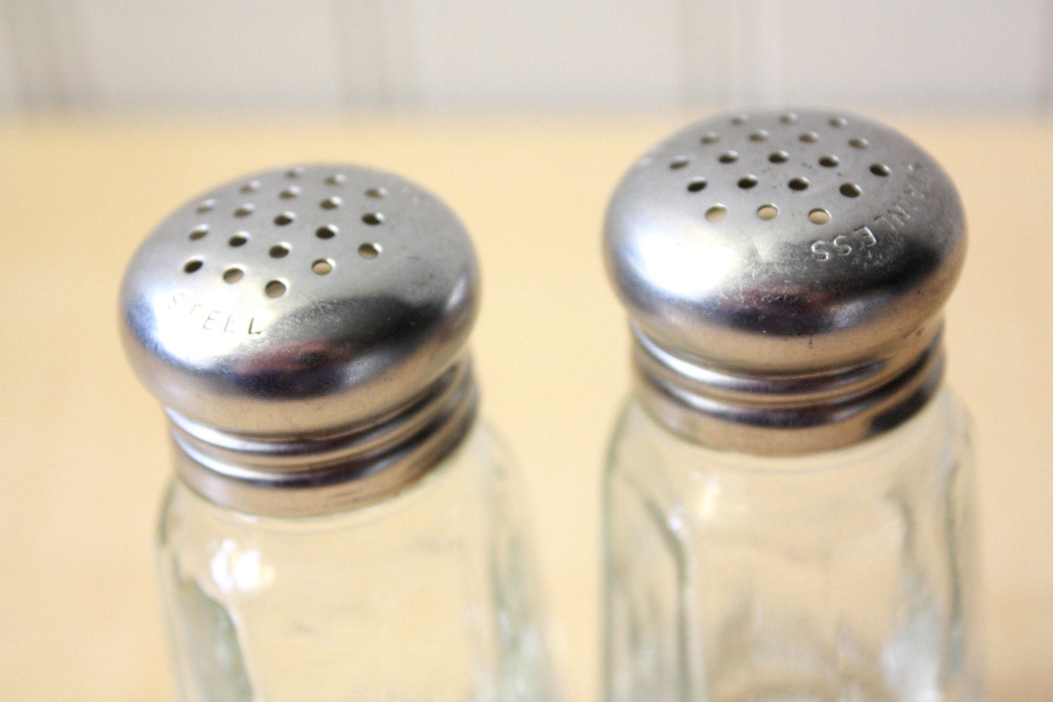 Vintage Glass Salt and Pepper Shakers Stainless Steel Caps