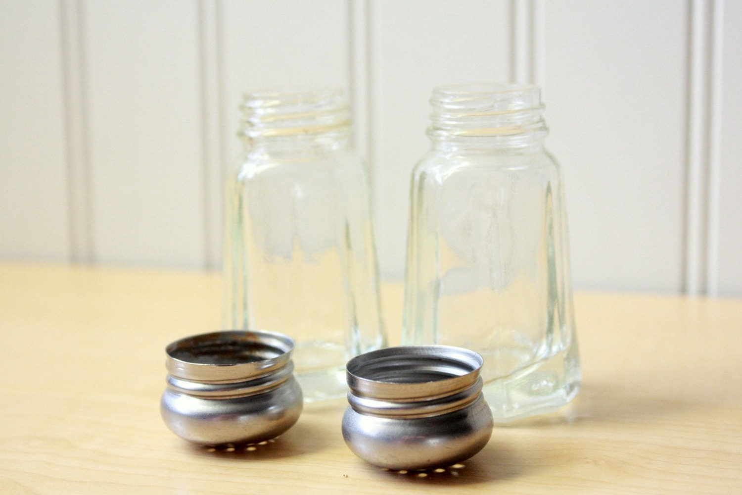 Vintage Glass Salt and Pepper Shakers Stainless Steel Caps