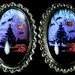 Vintage 1920s 1930s Butterfly Wing Screw Back Earrings With Pine Trees and Birds Flying Hand Painted Scene Sunset Silhouette Antique Retro