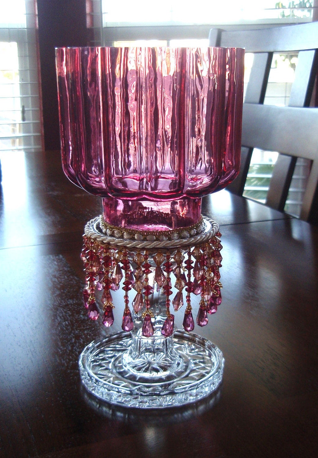 Cranberry Beaded Glass Candle Holder Vintage Votive OOAK