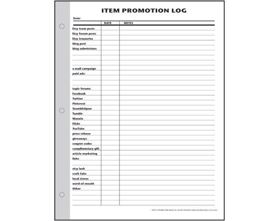 Item Promotion Log printable form for Etsy by ShopResource on Etsy
