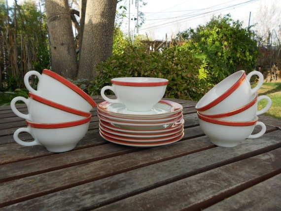 Flamingo pink Pyrex teacups & saucers