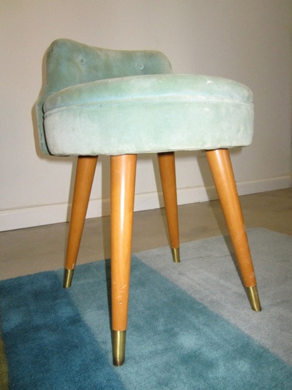 Vintage Mid Century Blue Velvet Vanity Stool Boudoir Chair