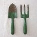 Vintage Garden Tools, Green Shovel and Fork, Metal Hand Tools for the Garden