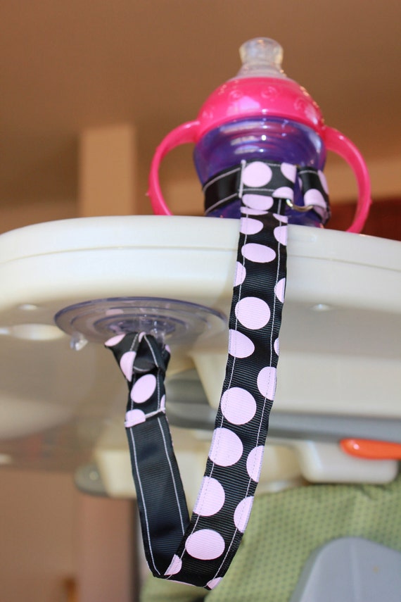 Black Pink Dots Sippy Cup Leash, Sippy Strap, Sippy Cup Strap with Suction Cup, Bottle Tether, Bottle Strap, Toy Tether, Suction Sippy Strap