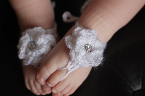 Crochet Baby Barefoot Sandals with flowers - Sparkly White, Baby Girl ...