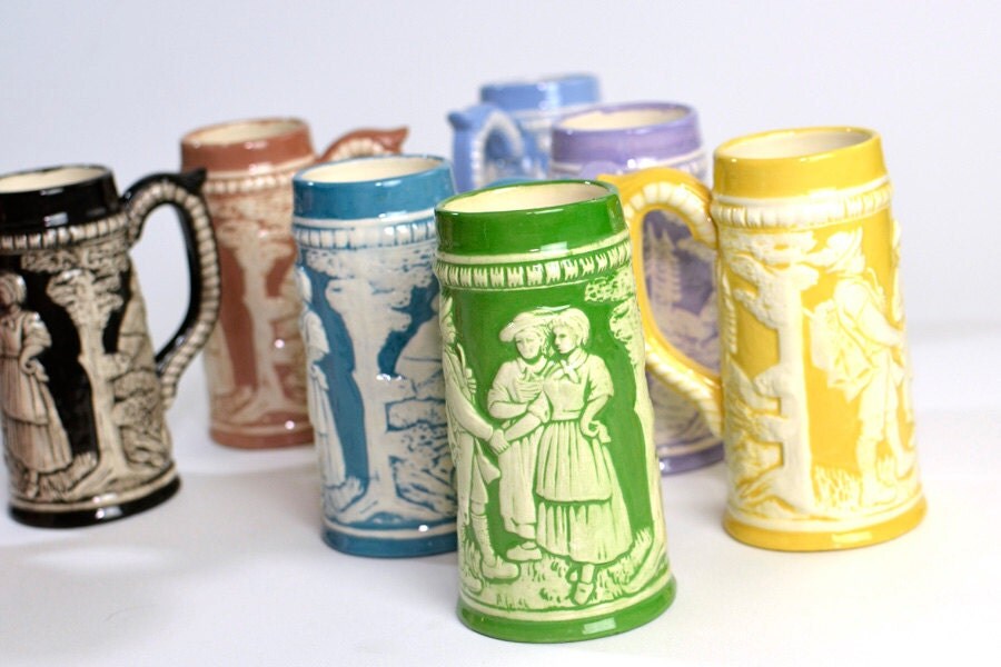 Beer Stein Mugs Set Bavarian Style Handmade Painted Ceramic