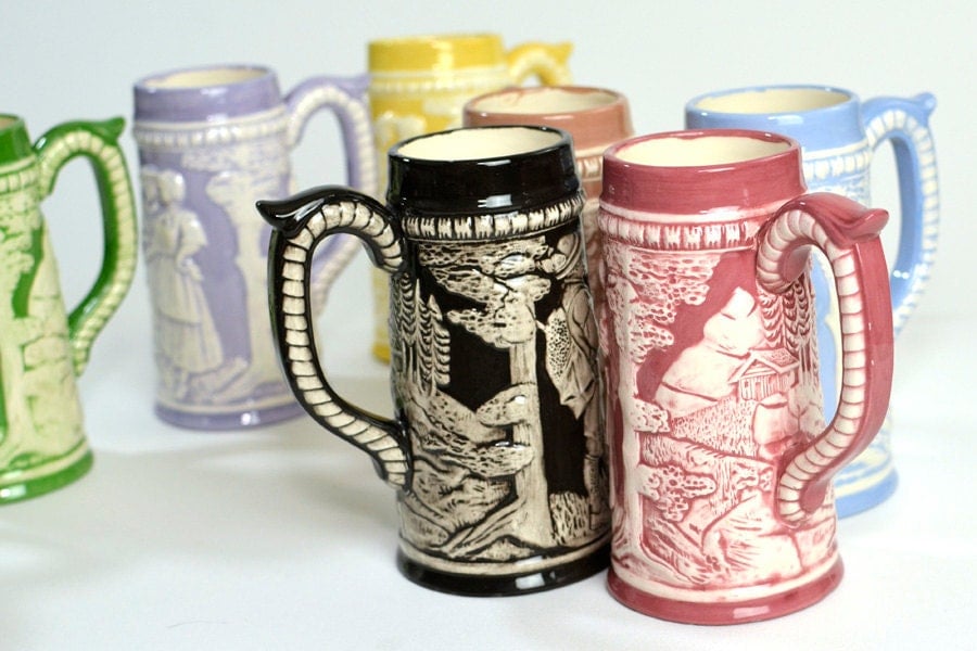 Beer Stein Mugs Set Bavarian Style Handmade Painted Ceramic