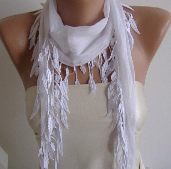 White and Elegance Shawl Scarf with Lacy by ElegantScarfStore