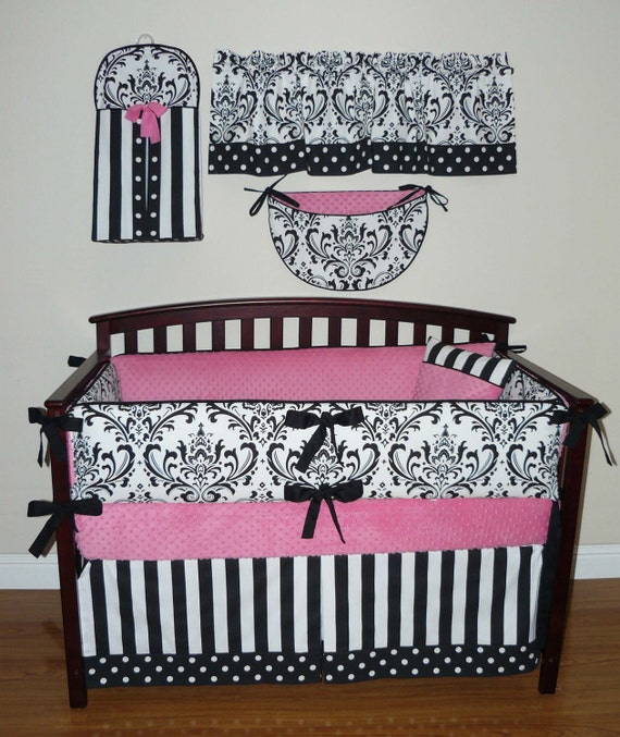 Sofia Baby Girl Crib Bedding 5pc Set, Pink , White and Black, Damask