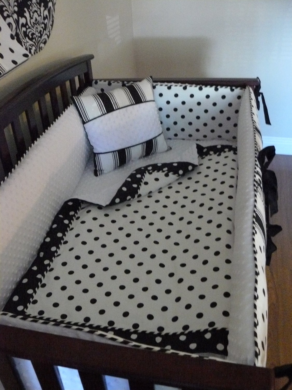 Custom Crib Baby Bedding 5pc. Set Black and White Polka