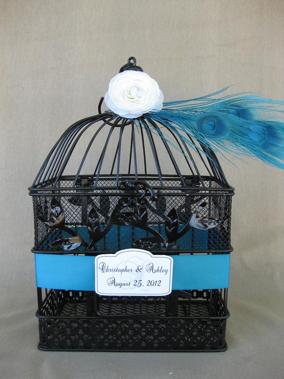 Items similar to Black Bird Cage Wedding Card Box with Turquoise