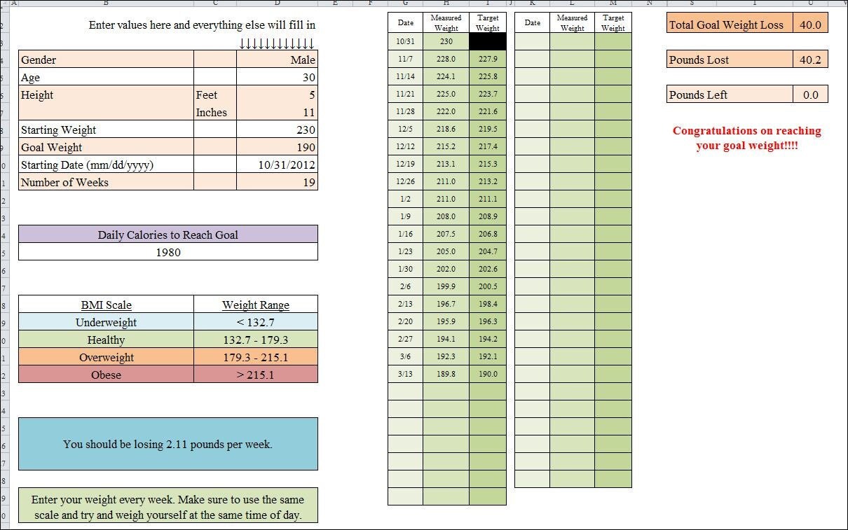 excel weight watchers points tracker