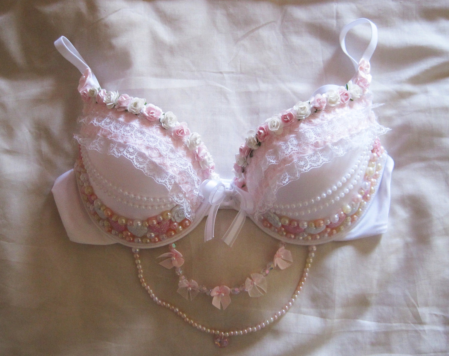 ON SALE 25 OFF Pink & White Floral and Pearl Decorated Bra