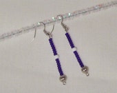 Blue Czech earrings with white dangling beads and silver ball