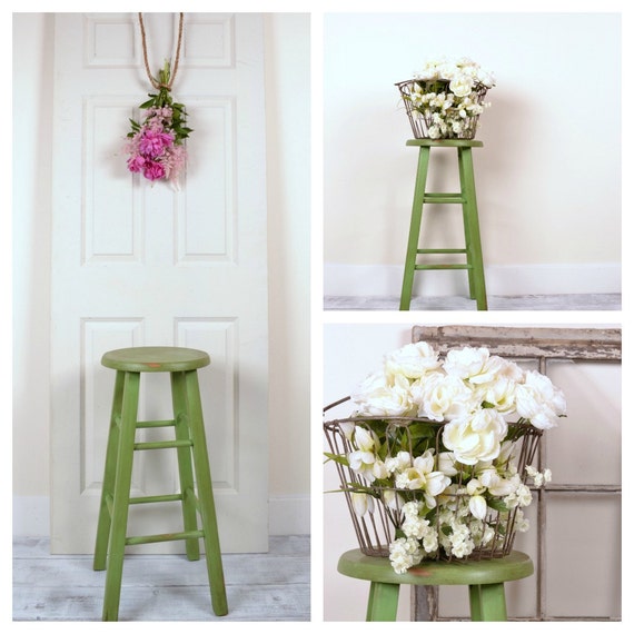 Farmhouse Style Distressed Green Wood Stool Kitchen Stool