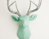 Faux Deer Head - The Agnes - Seafoam Green W/ Silver Glitter Antlers Resin Deer Head- Stag Resin White Faux Taxidermy