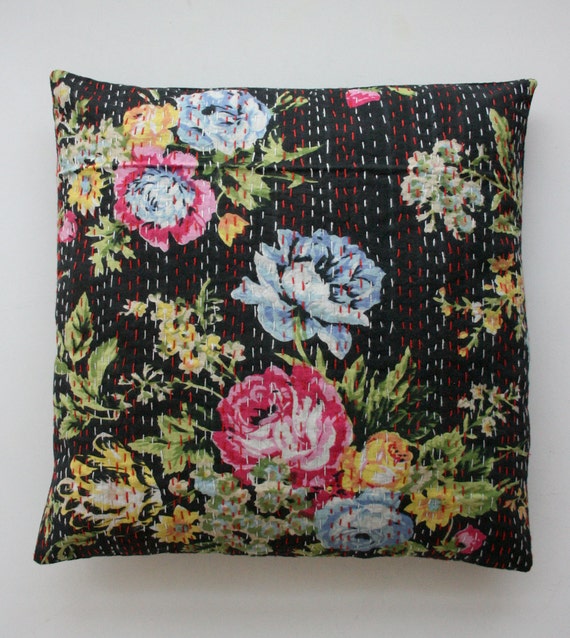Black Pillow in Floral Roses 24x24 by gypsya on Etsy