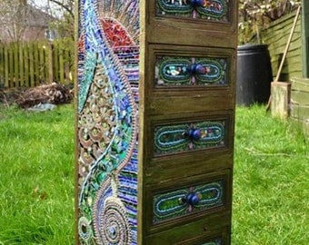 SOLD - Mosaic art, Mosaic Peacock Chest of Draws - SOLD