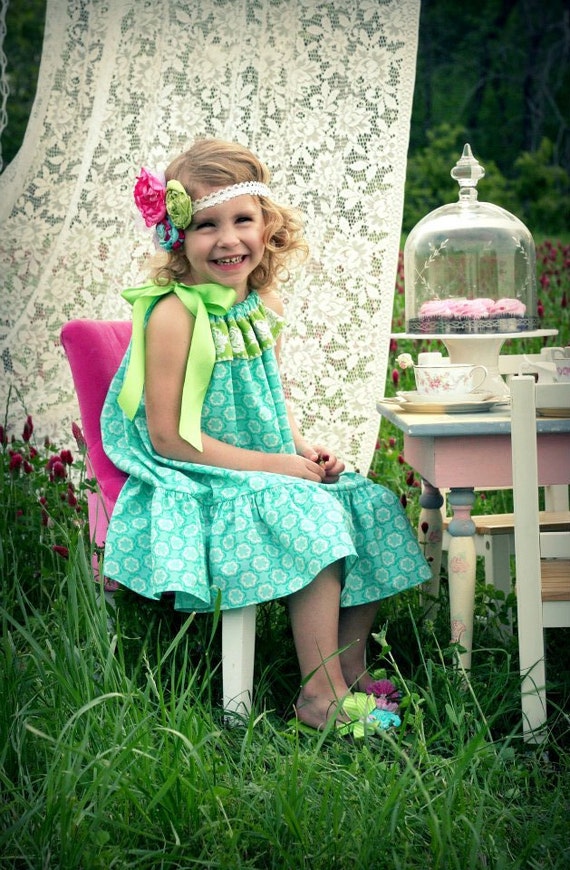 Items similar to Pretty Aqua Pillowcase dress with ruffle and