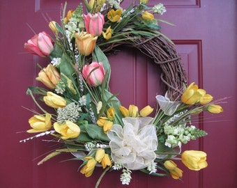 Yellow and Coral Tulip Wreath, Spring Wreath, Grapevine Wreath, Easter Decor, Mother's Day, Front Door Wreath, Outdoor Wreath, Mother's Day