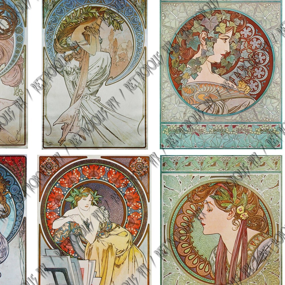 Mucha Art Nouveau Digital Collage Victorian Posters 1 x