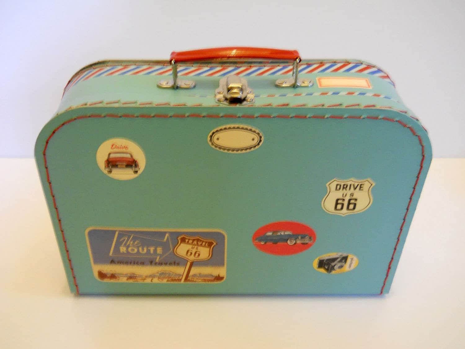 Blue Decorative Paper Suitcase with Personalized Luggage Tag