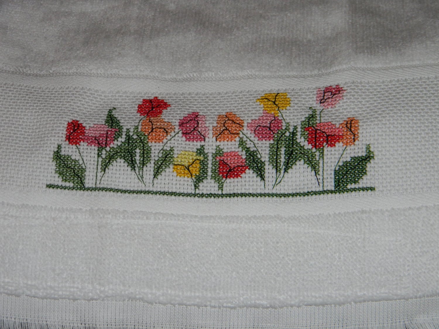 Completed Cross Stitch Tulip Hand Towel Guest Towel