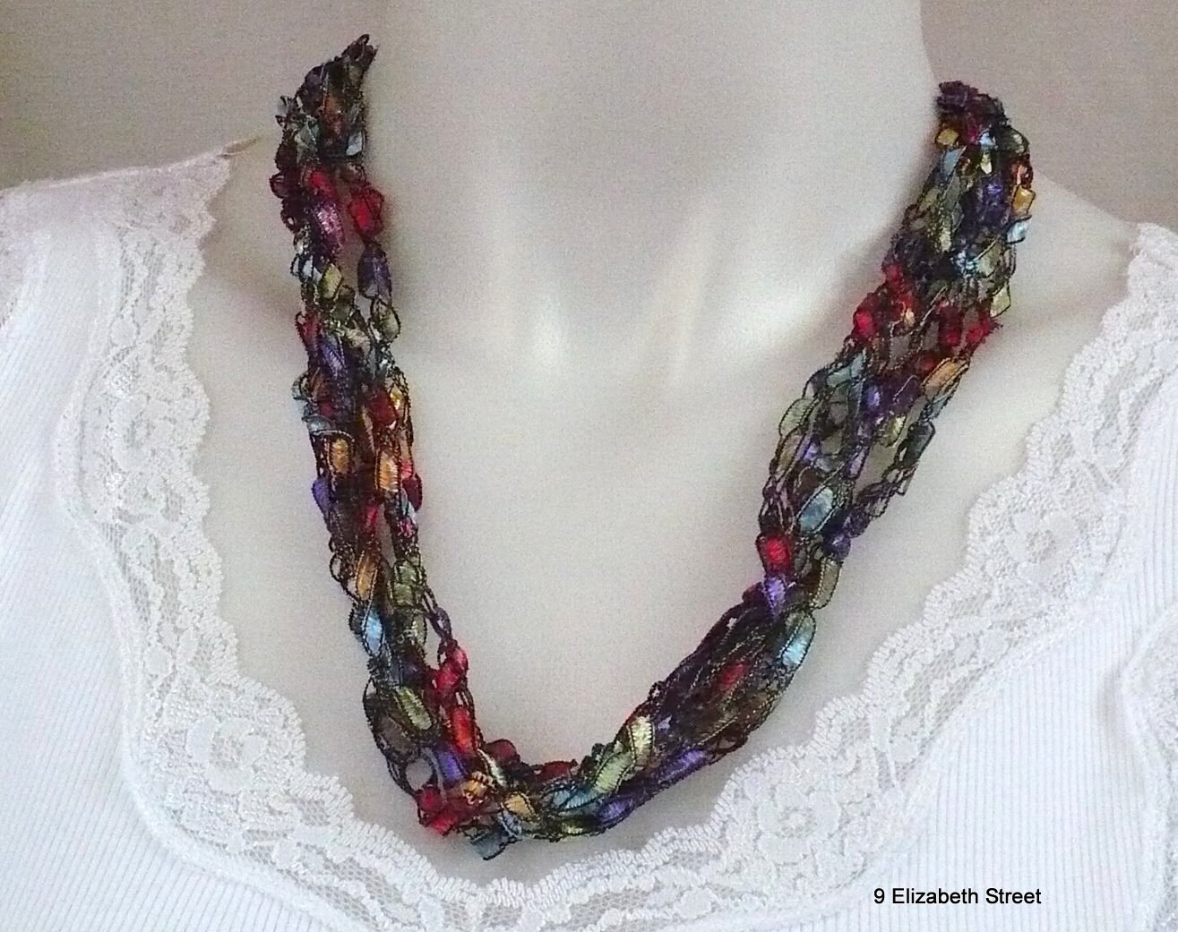 Ladder Yarn Necklace multicolor ribbon necklace crocheted