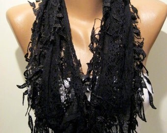 Black Lace and Elegance Shawl / Scarf - with Lace Edge