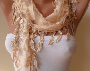Mother's Day - Tan Scarf with Lace Trim Edge Shaped Leaves