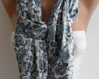 Grey and Purple Flowered Scarf - Silvery Fabric