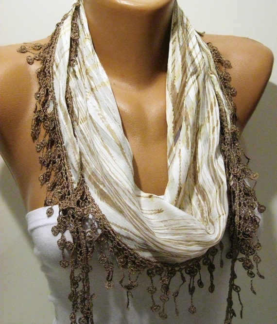 Light Brown and Elegance Shawl / Scarf with Lace Edge