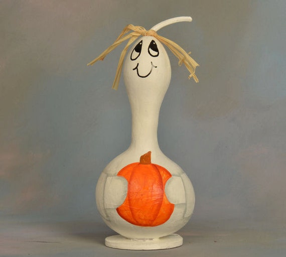 Gourd ghost with hand painted pumpkin decorative gourd art