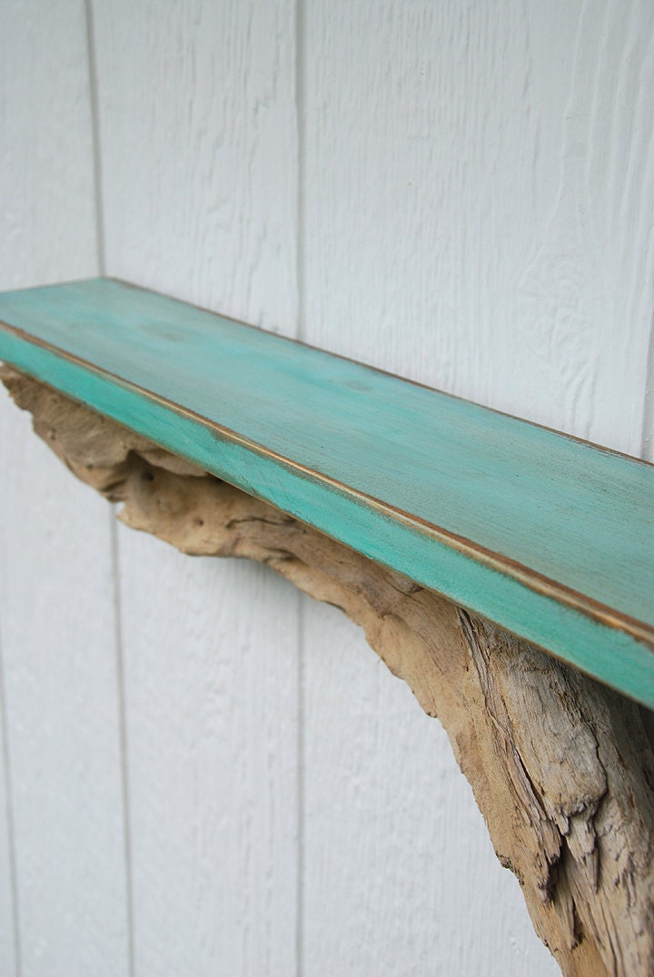 Driftwood shelf distressed teal shelf with driftwood base