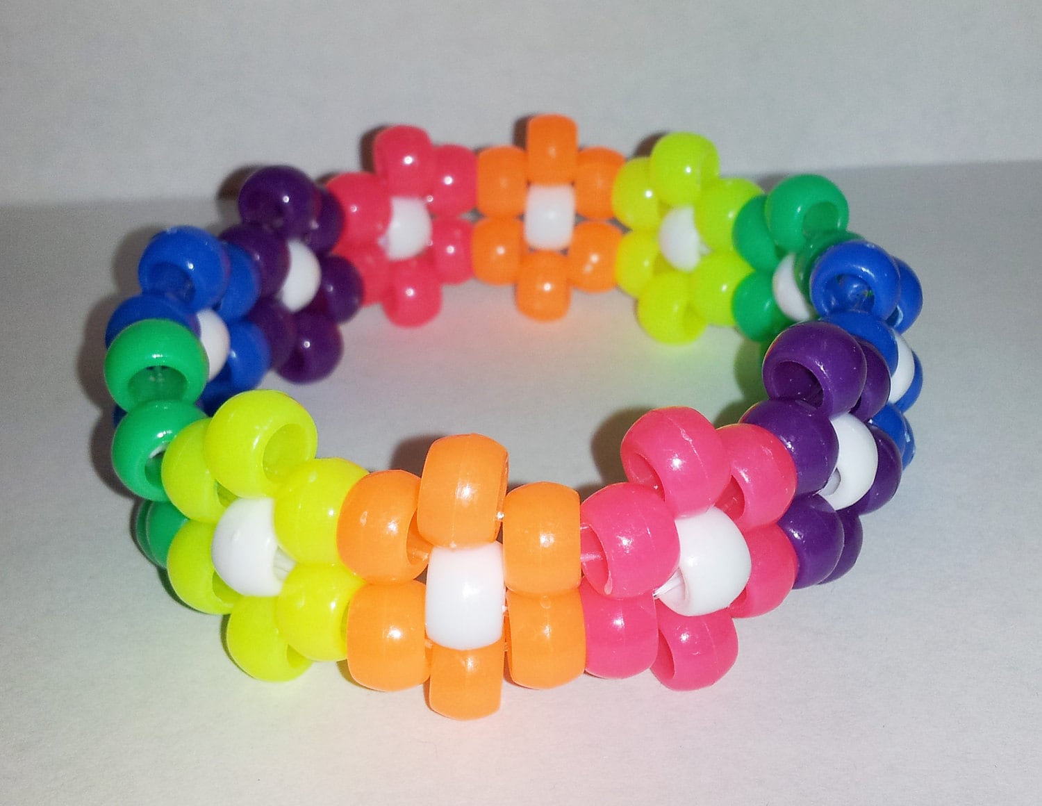 Rainbow Neon Flower Kandi Cuff Beaded Bracelet By Qtpigemini