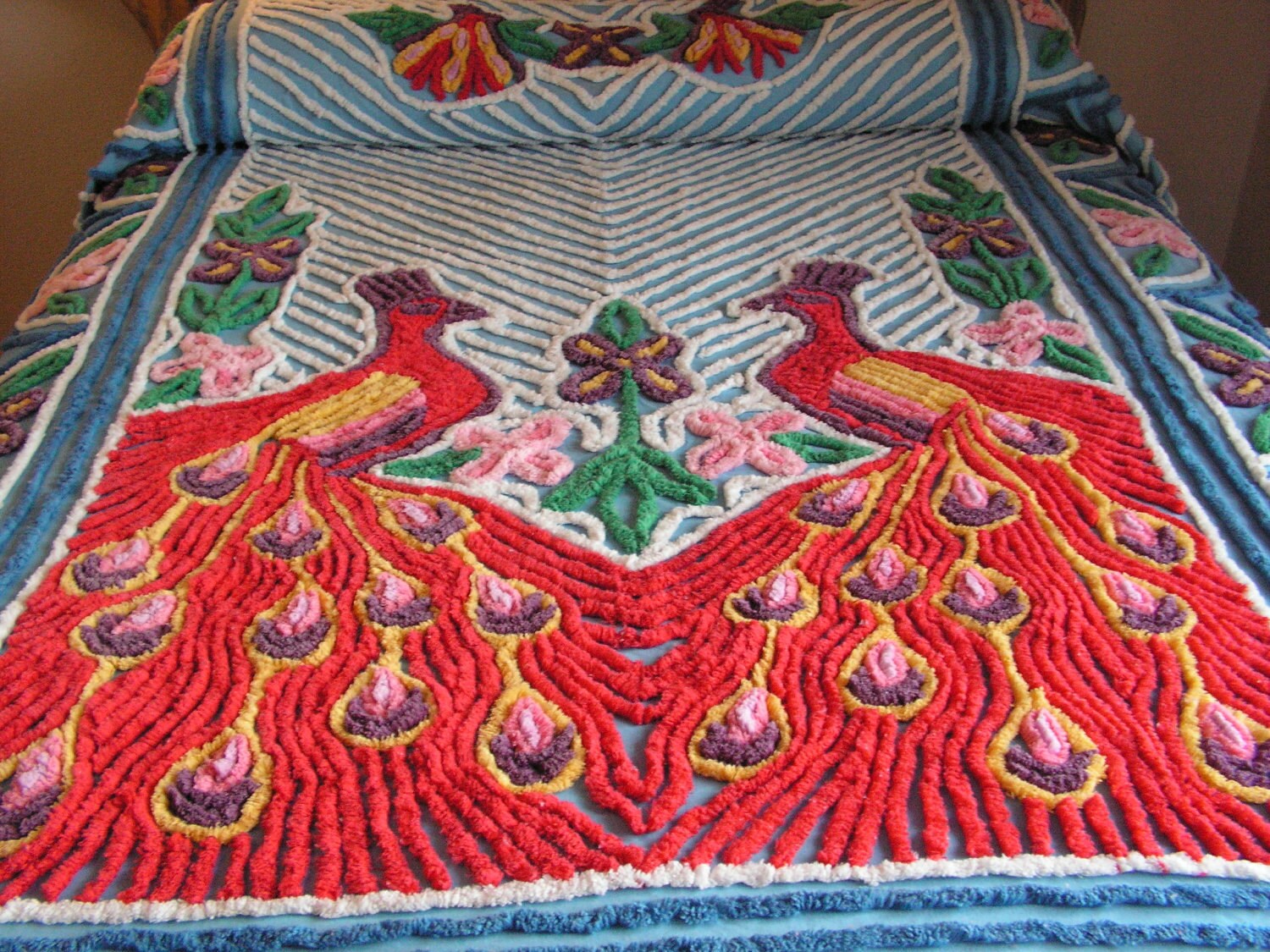 Vintage Peacock Chenille Bedspread