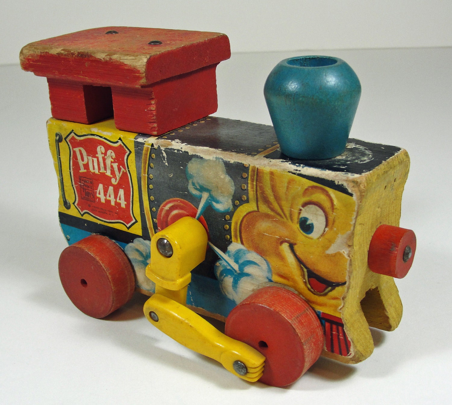 Vintage 50s Wooden Pull Toy Fisher Price Puffy by RetrofitStyle