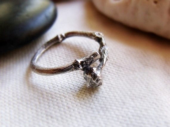 Budding Twig Ring Sterling Silver Tiny Branch Wood Texture