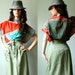 handmade batwing caftan tunic top. vintage silk scarves into blouse. poppy and turquoise green. chevron print. size sm to md. in stock
