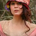 crochet cloche. summer hat with brim. red with pink floral lace and trim. one size. in stock.