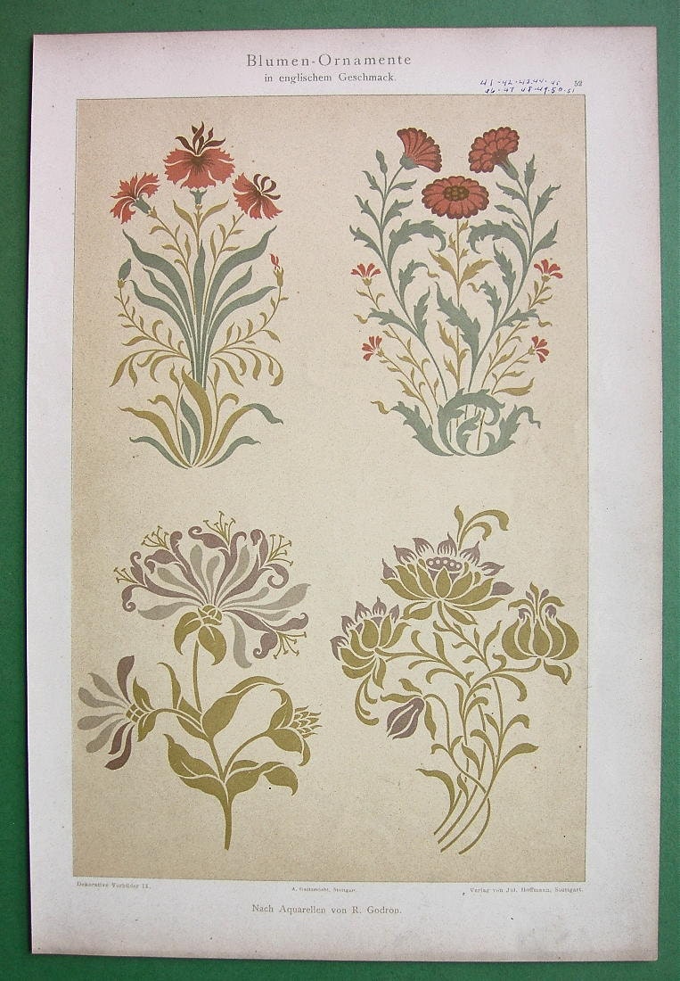 ART NOUVEAU Design Stencil Flowers 1898 German COLOR Litho